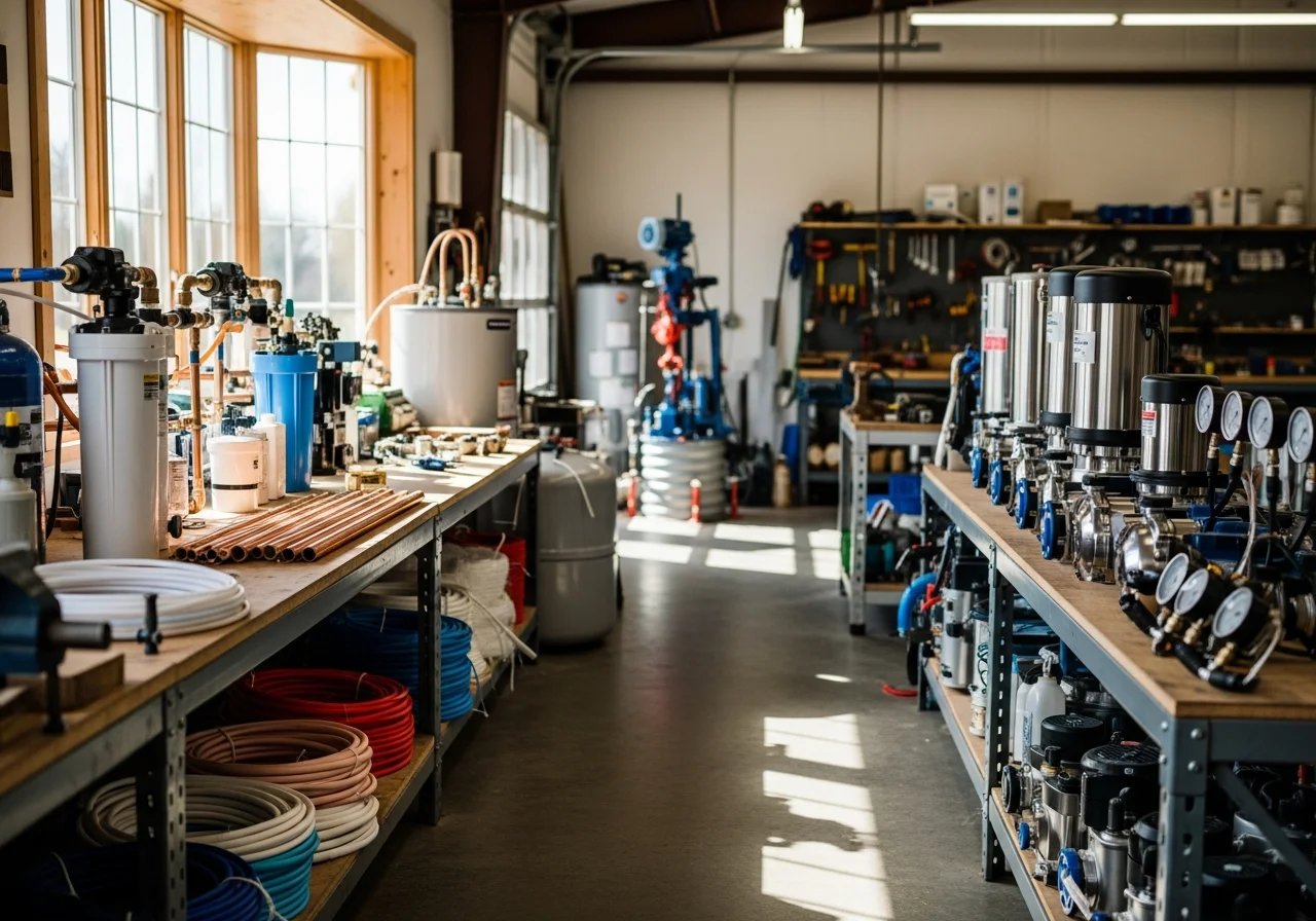 Plumbing shop floor with tools, equipment, and materials ready for service calls. Professional workspace showcasing water treatment systems and pump installation supplies.