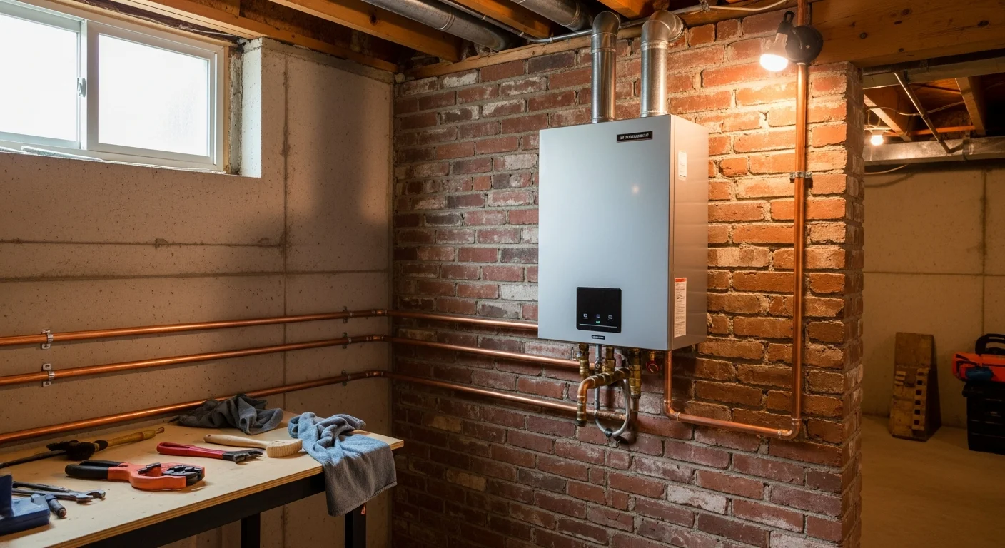 Technician installing a water heater in a residential home
