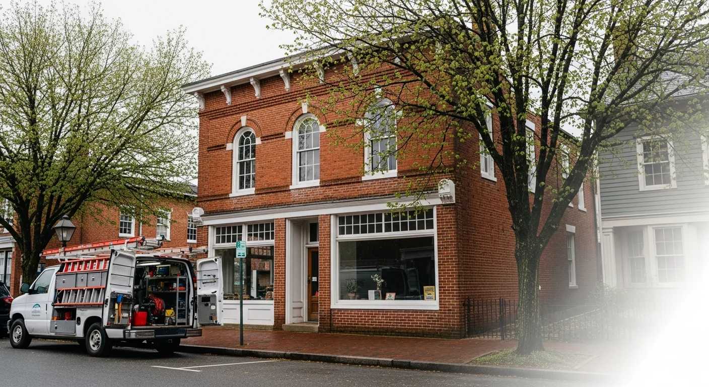 Historic downtown Warrenton storefront with brick facade and mature trees lining the street.