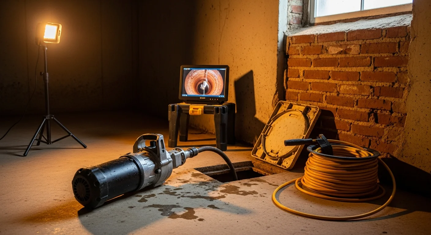 A Screaming Eagle Plumbing technician using a drain camera to inspect a clogged sewer line at a residential property in Warrenton, VA. The image shows the camera feed on a monitor displaying the interior of an older cast-iron drain pipe with visible buildup.