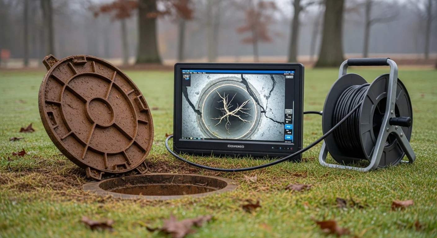 A plumber from Screaming Eagle Plumbing feeds a waterproof drain inspection camera into a residential cleanout access point at a Warrenton, VA home. The monitor displays a live view of the interior pipe condition showing a section of root intrusion inside an older clay sewer lateral.