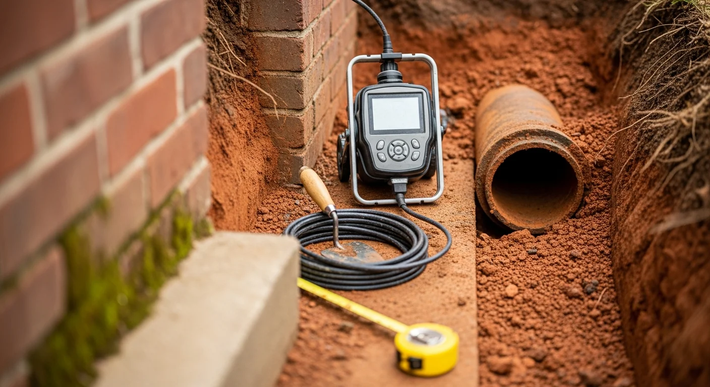 A plumber using a camera inspection tool to assess a damaged underground drain line at a residential property in Warrenton, Virginia. The monitor displays the interior of a cracked clay pipe with visible root intrusion.