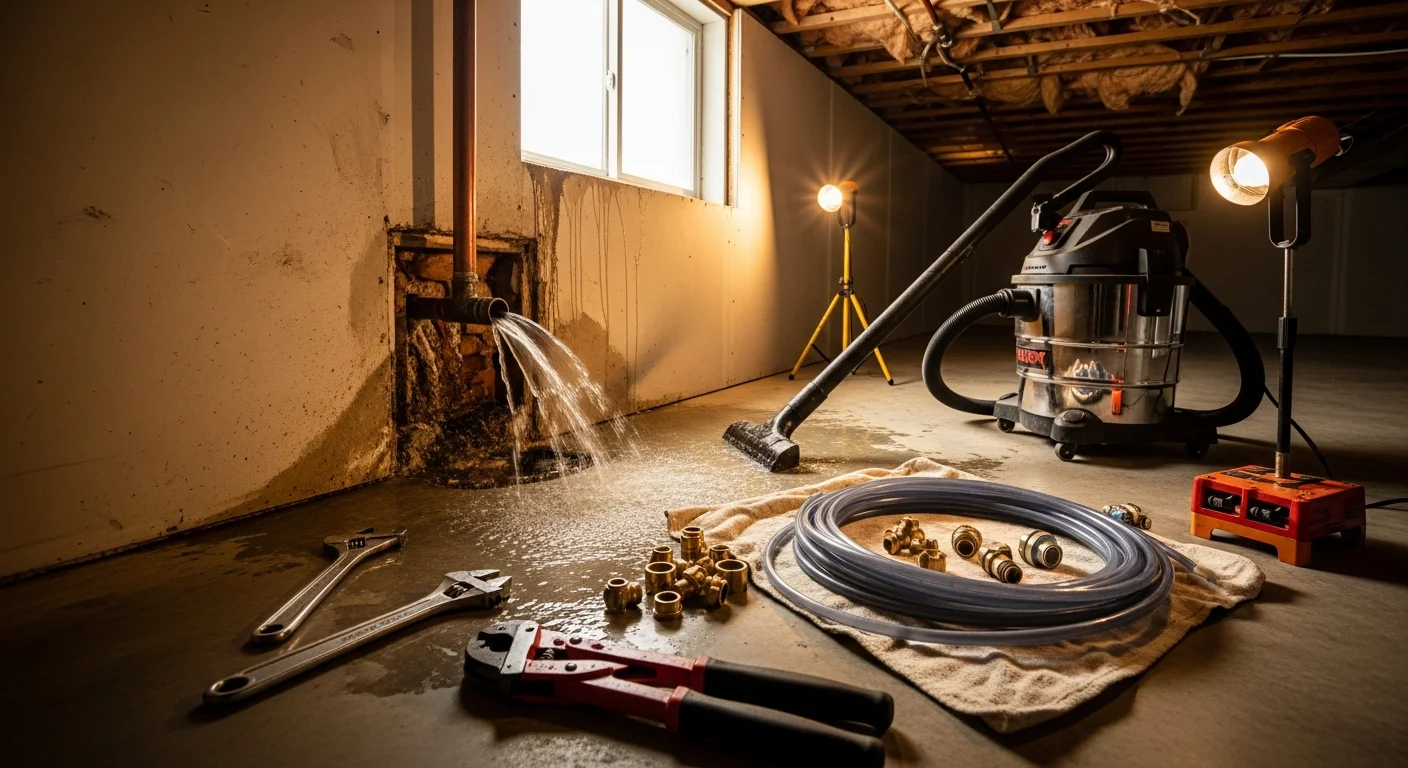 A licensed plumber from Screaming Eagle Plumbing repairing a burst pipe under a sink in a Warrenton, Virginia home. Water damage is visible on the cabinet floor, and the plumber is using professional hand tools to replace the damaged pipe section.