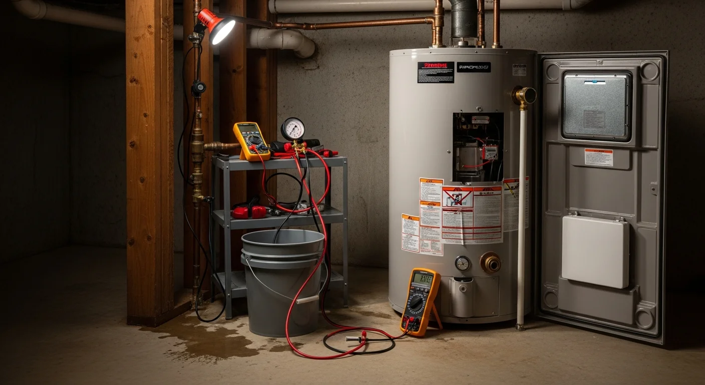 A licensed Screaming Eagle Plumbing technician inspecting a leaking residential water heater tank in a Warrenton, Virginia basement utility room. The plumber is checking the pressure relief valve and tank connections during an emergency service call.