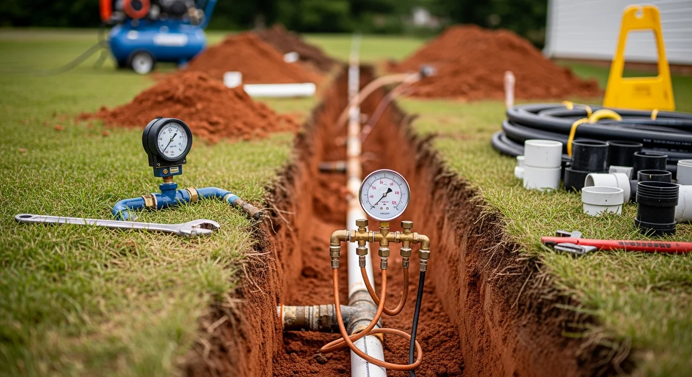 A plumber inspecting an excavated main water line trench in a Warrenton, VA residential yard. The exposed pipe section shows signs of corrosion and joint damage consistent with clay soil movement.