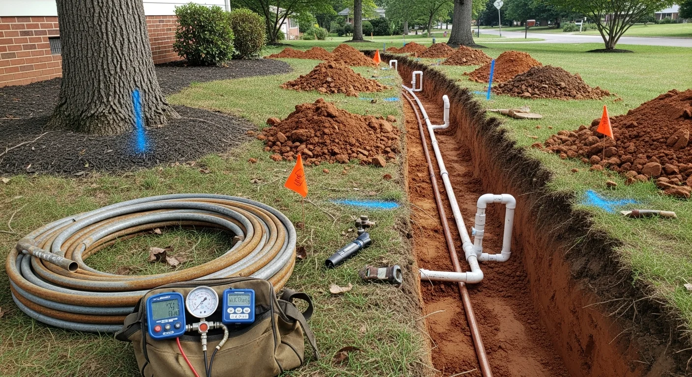 A freshly excavated trench in a Warrenton residential yard showing a new water supply line being installed from the street connection to the home. A plumber inspects the pipe placement and bedding material before backfilling.