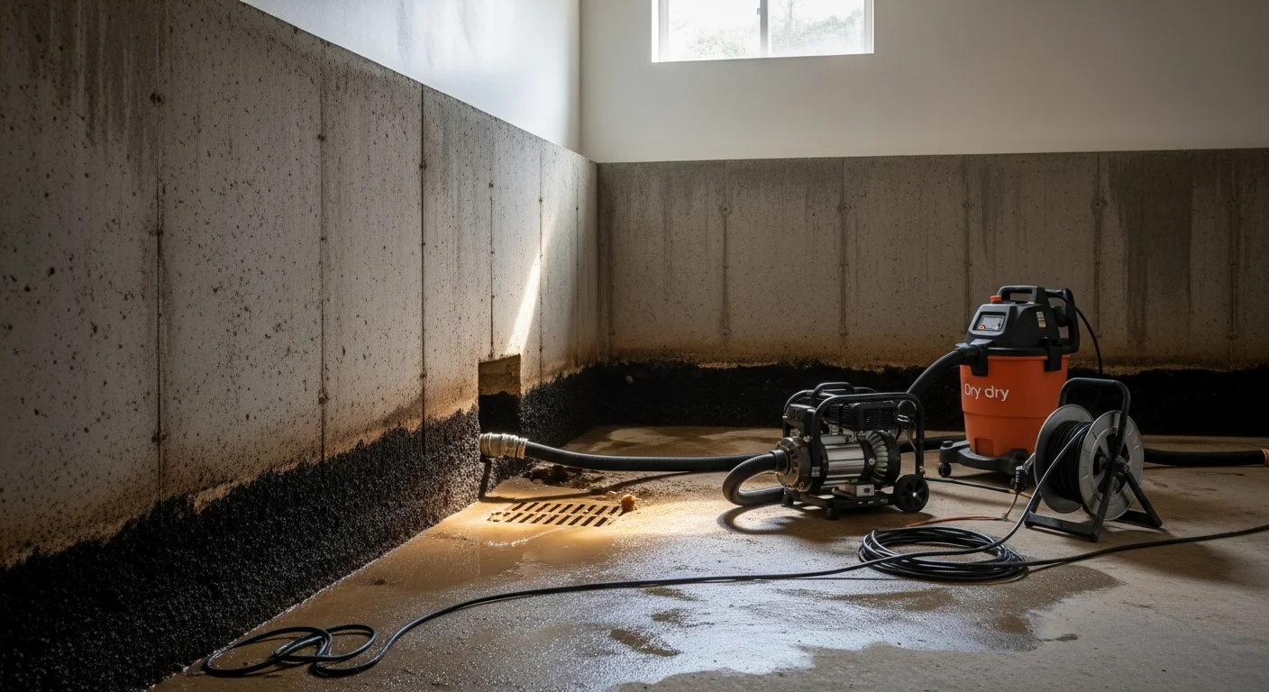 A plumber using a camera inspection tool to assess a sewer line at a residential property in Warrenton, Virginia. The ground-level view shows a cleared floor drain after sewer backup cleanup in a home basement.