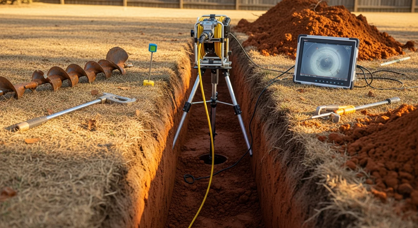 A Screaming Eagle Plumbing technician reviewing sewer camera inspection footage beside an excavated sewer lateral at a residential property in Warrenton, Virginia. The exposed pipe section shows root intrusion and joint separation typical of older clay sewer lines in the area.