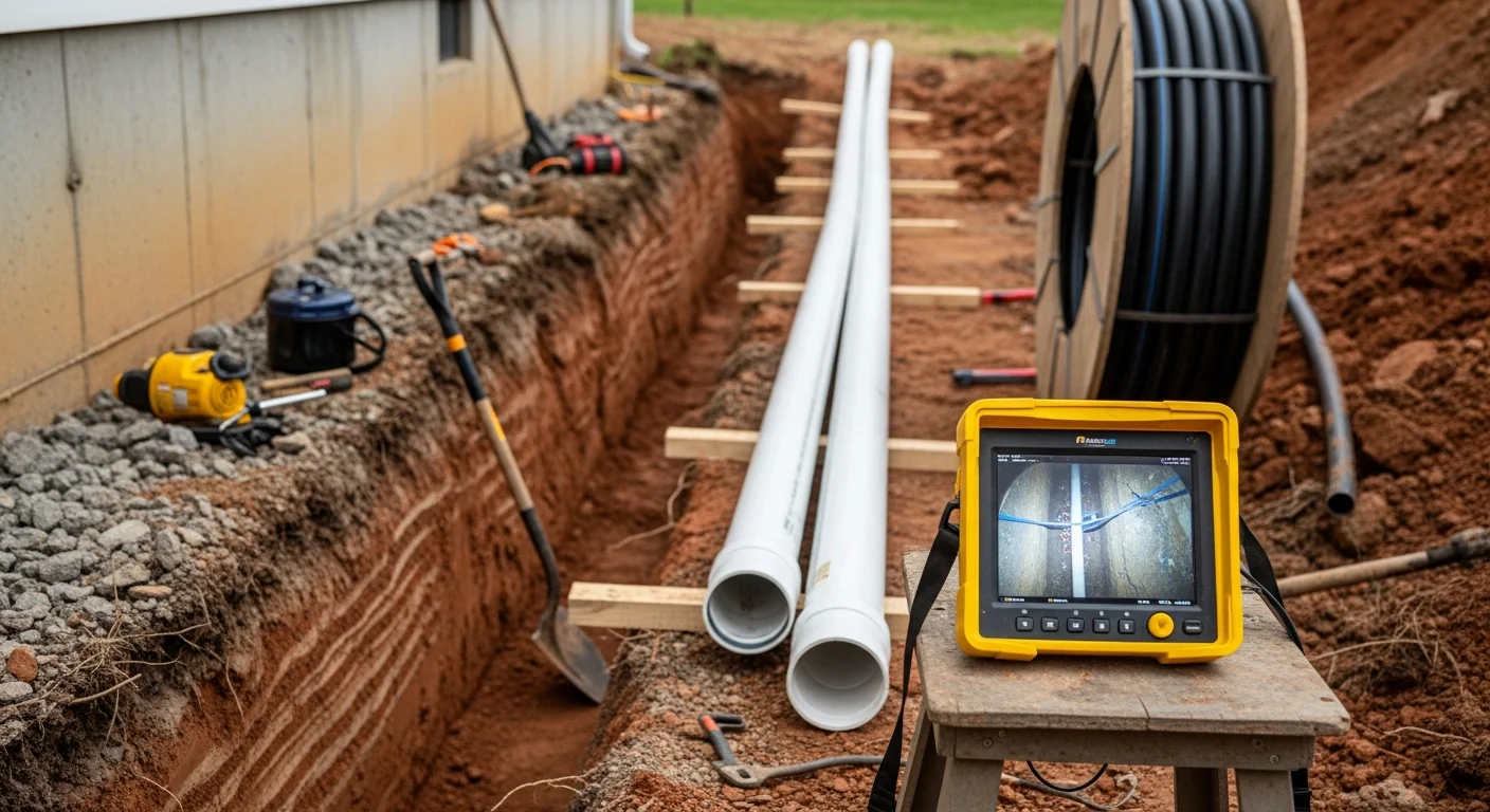 Excavated sewer lateral in a Warrenton, Virginia residential yard showing old clay pipe removed and new pipe staged for installation. Trench runs from the home foundation toward the street connection through clay-heavy Piedmont soil.