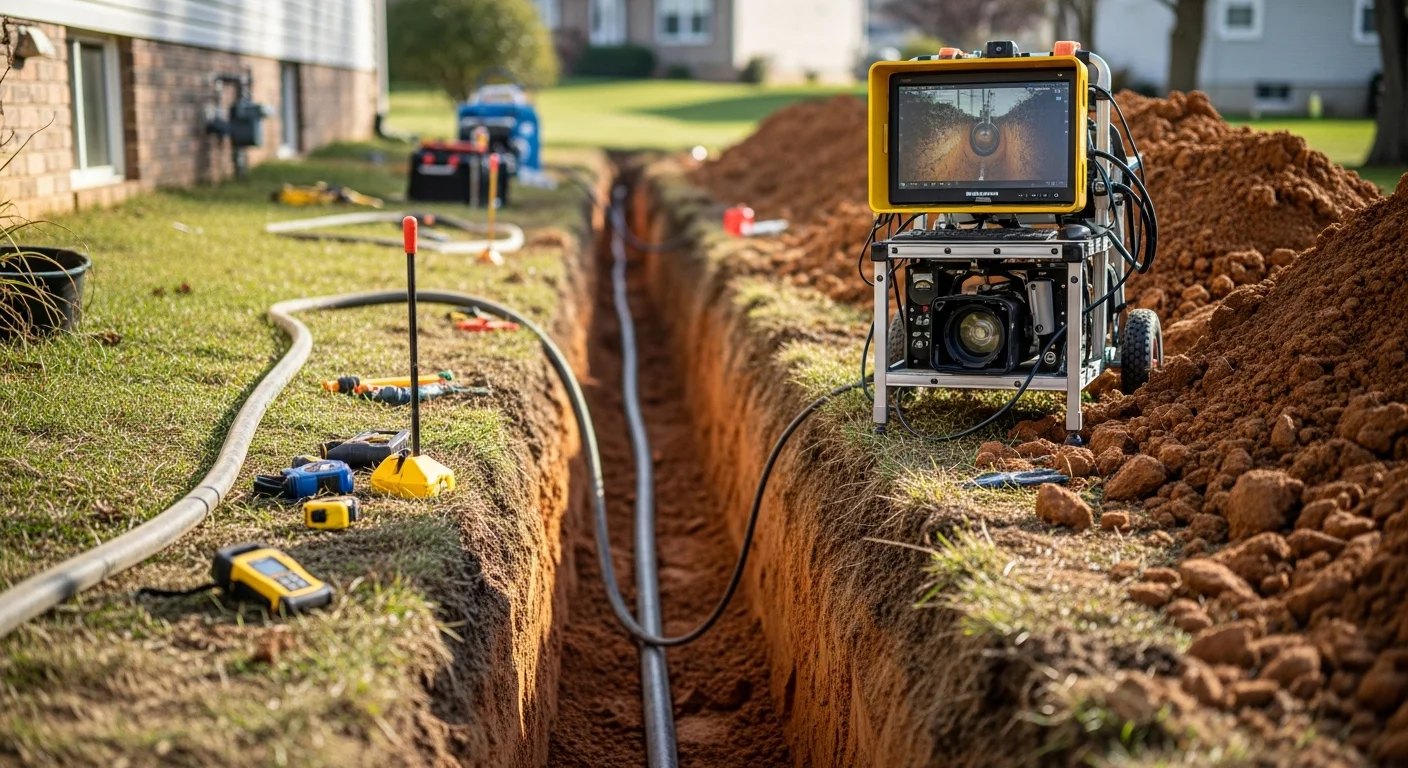 A licensed plumber from Screaming Eagle Plumbing reviewing sewer camera inspection footage on a monitor at a Warrenton, VA residential property. A clay soil trench is visible in the background where a damaged sewer lateral has been exposed for repair.