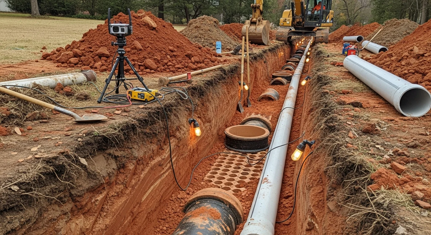 Excavated sewer trench at a residential property in Warrenton, Virginia showing a deteriorated clay pipe being removed and replaced with new pipe. A plumber from Screaming Eagle Plumbing works alongside the open trench running from the home toward the street connection.