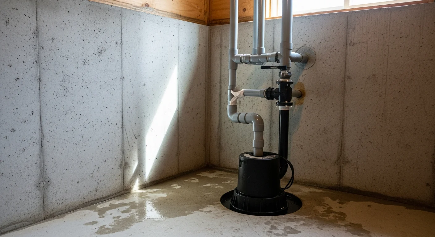 A newly installed submersible sump pump seated in a concrete pit at the lowest point of a Warrenton, Virginia basement. A sealed PVC discharge line runs up the wall and out through the foundation to direct water away from the home.