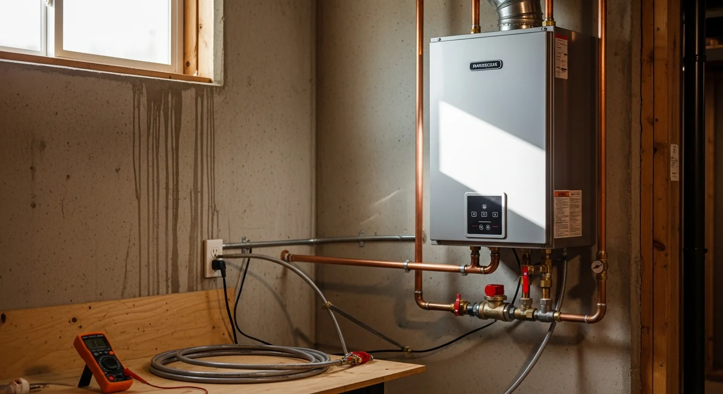 A compact tankless water heater mounted on a utility room wall in a Warrenton, Virginia home, with new copper supply lines and a venting pipe connected to the exterior. The old storage tank has been removed, leaving a clean, open floor space.