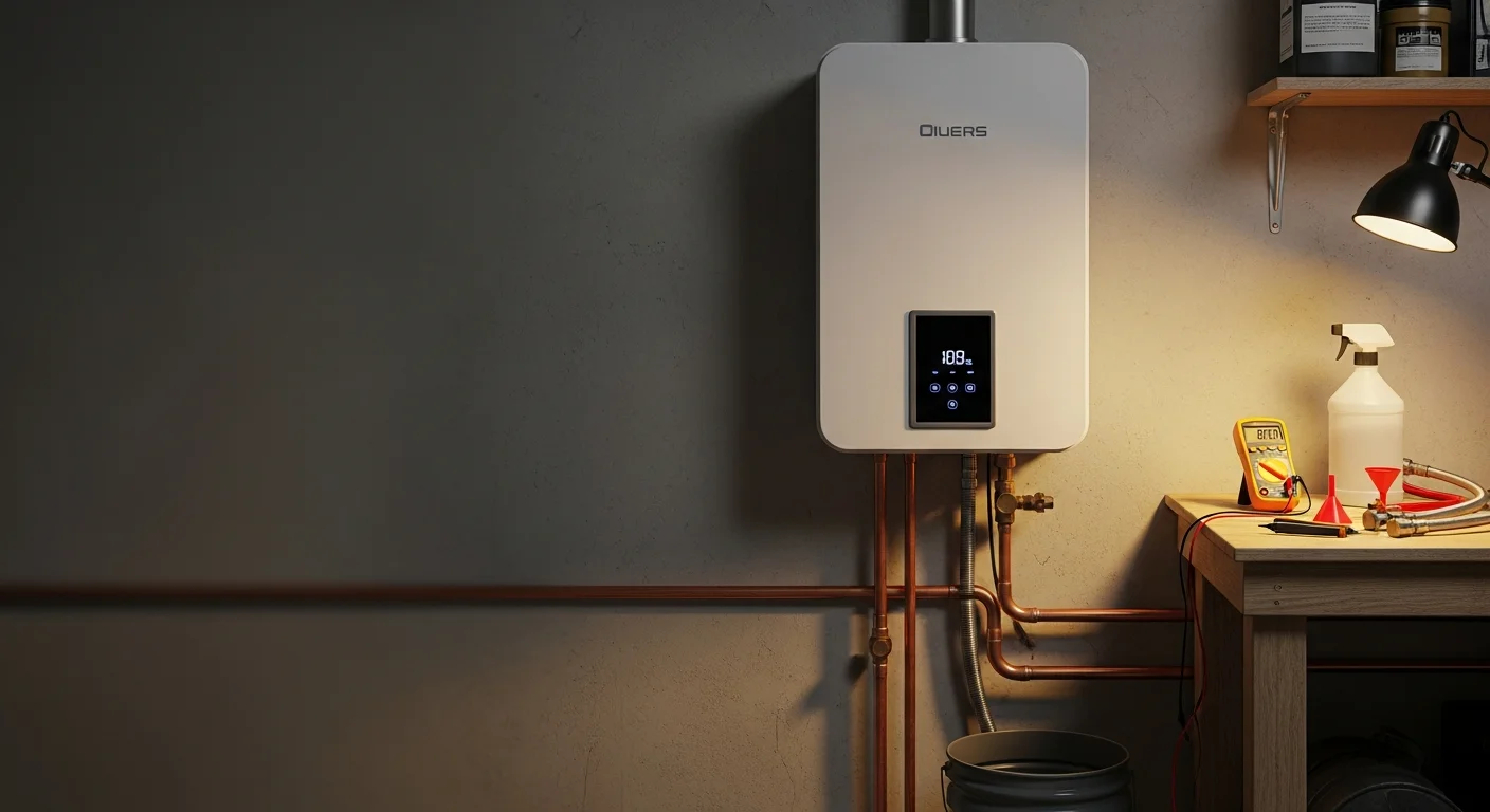 A licensed plumber from Screaming Eagle Plumbing inspecting the heat exchanger of a wall-mounted tankless water heater inside a Warrenton, Virginia home. The technician is checking connections and running a diagnostic on the unit's control panel.