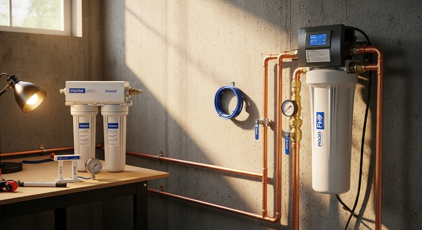 A whole-home water filtration system installed in a Warrenton, Virginia home, showing filter housing units connected to the main supply line in a utility room. Clean copper connections and a pressure gauge are visible against a concrete block wall typical of older Fauquier County residential construction.