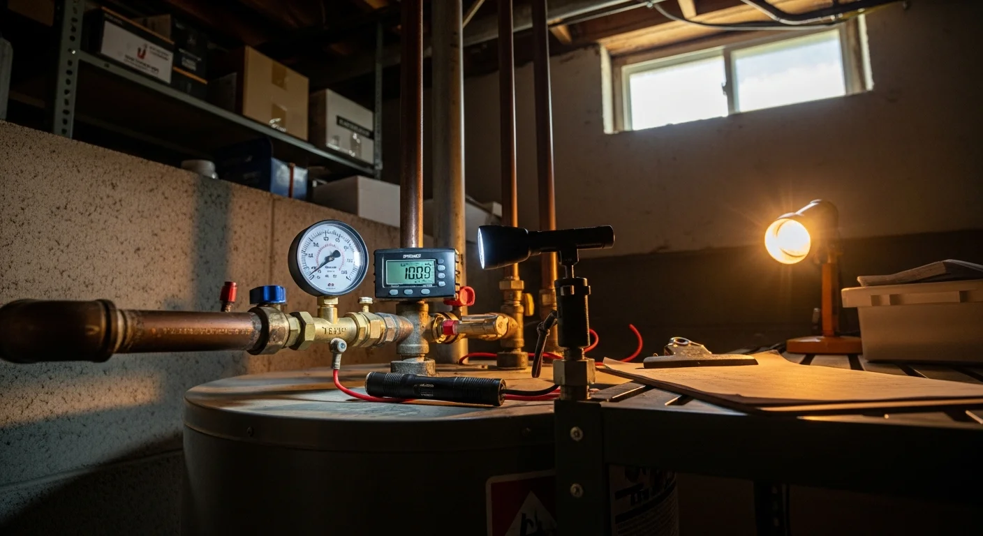 A Screaming Eagle Plumbing technician inspecting a tank water heater in a Warrenton, Virginia home basement, checking valve connections and the unit's exterior for signs of corrosion or leaks.