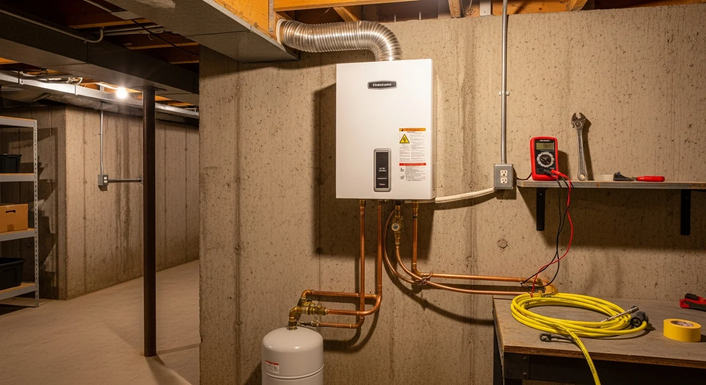 A licensed plumber completing a water heater installation in a residential utility room in Warrenton, Virginia. The new tank unit is connected to copper supply lines with proper venting and an expansion tank mounted above.
