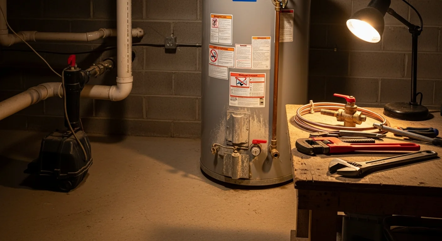 A plumber from Screaming Eagle Plumbing inspecting a residential tank-style water heater in a Warrenton, Virginia home utility room. The technician checks the temperature and pressure relief valve on a unit showing signs of sediment buildup.