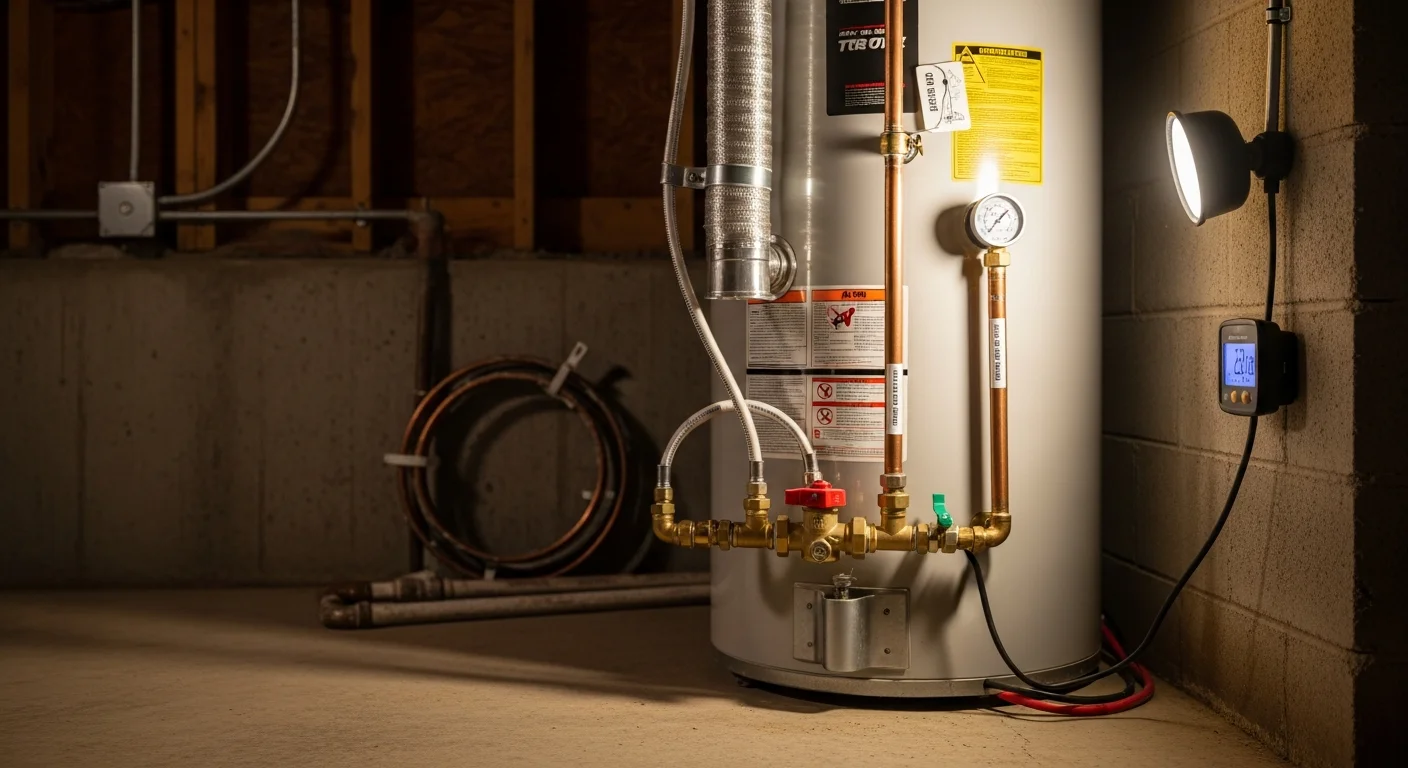 A newly installed tank water heater in a residential utility room in Warrenton, Virginia, with clean copper supply lines and a properly connected pressure relief valve. A Screaming Eagle Plumbing technician checks the unit connections after completing the replacement.
