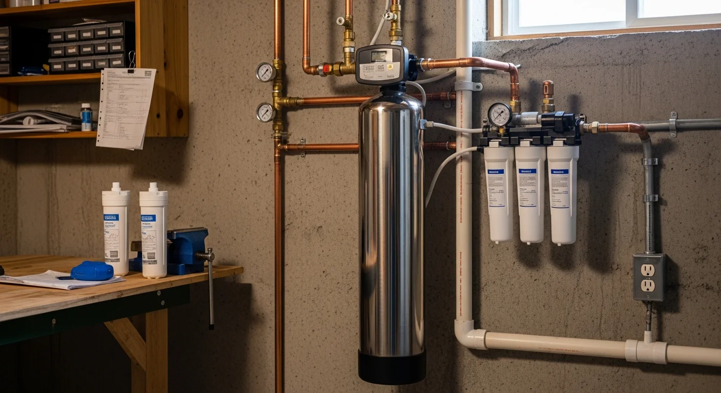A newly installed whole-house water treatment and filtration system in a Warrenton, Virginia home utility room, showing a water softener tank and filtration unit connected to the main supply line.