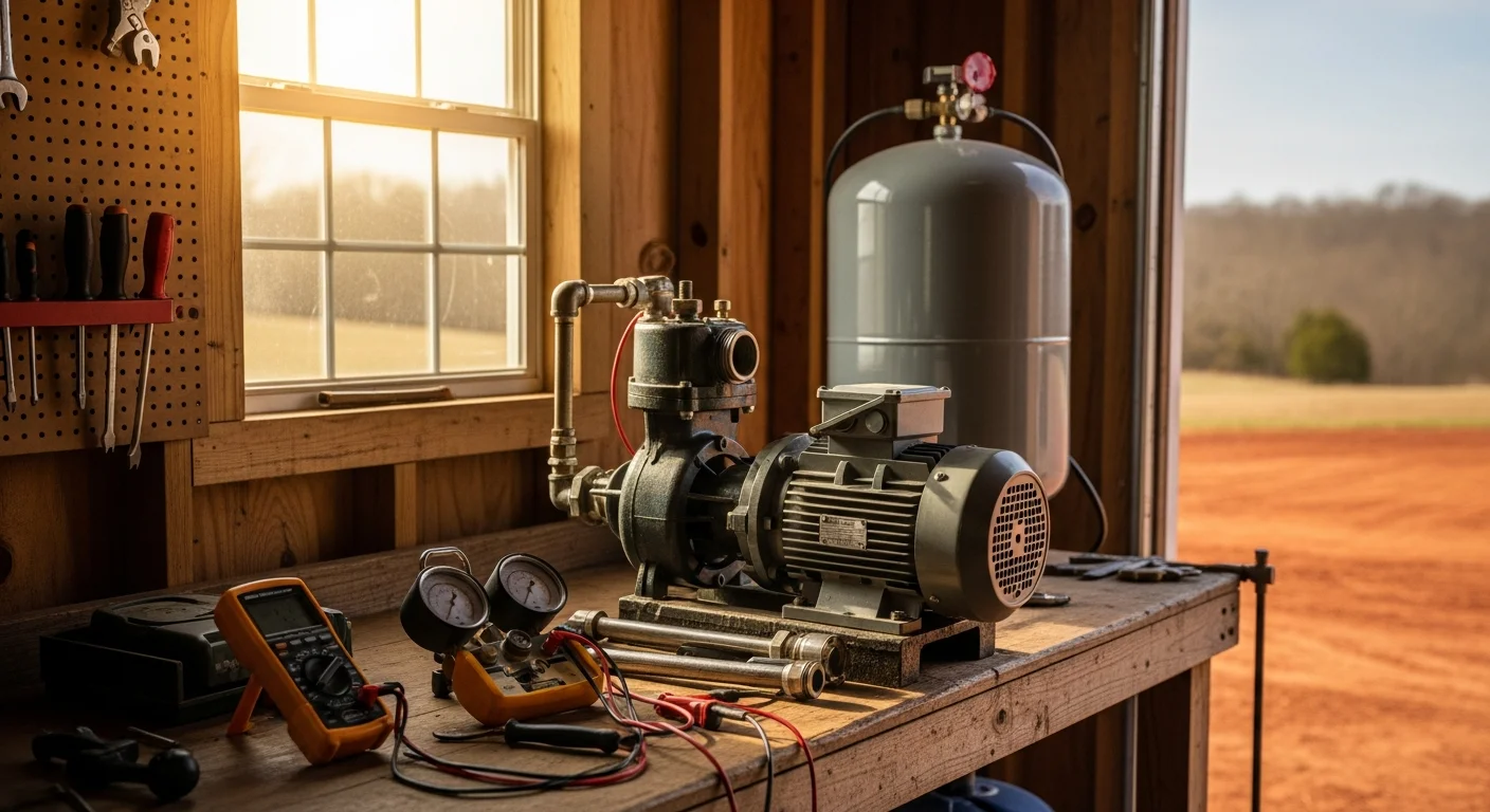 A well pump system and pressure tank inside a Warrenton, Virginia home utility area, showing the pump housing, pressure gauge, and connected water lines after a completed repair service by Screaming Eagle Plumbing.