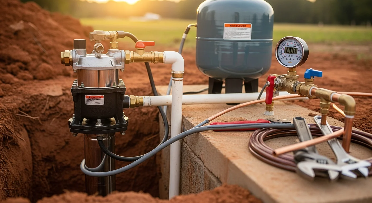 A licensed plumber from Screaming Eagle Plumbing pulling a submersible well pump from a residential well on a rural Warrenton, Virginia property. The pressure tank and pump components are visible beside the wellhead during the replacement process.