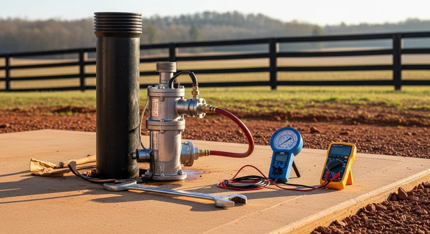 A Screaming Eagle Plumbing technician inspecting a submersible well pump and pressure tank system inside a utility room of a rural Warrenton, Virginia home. The pump components and pressure gauge are clearly visible.